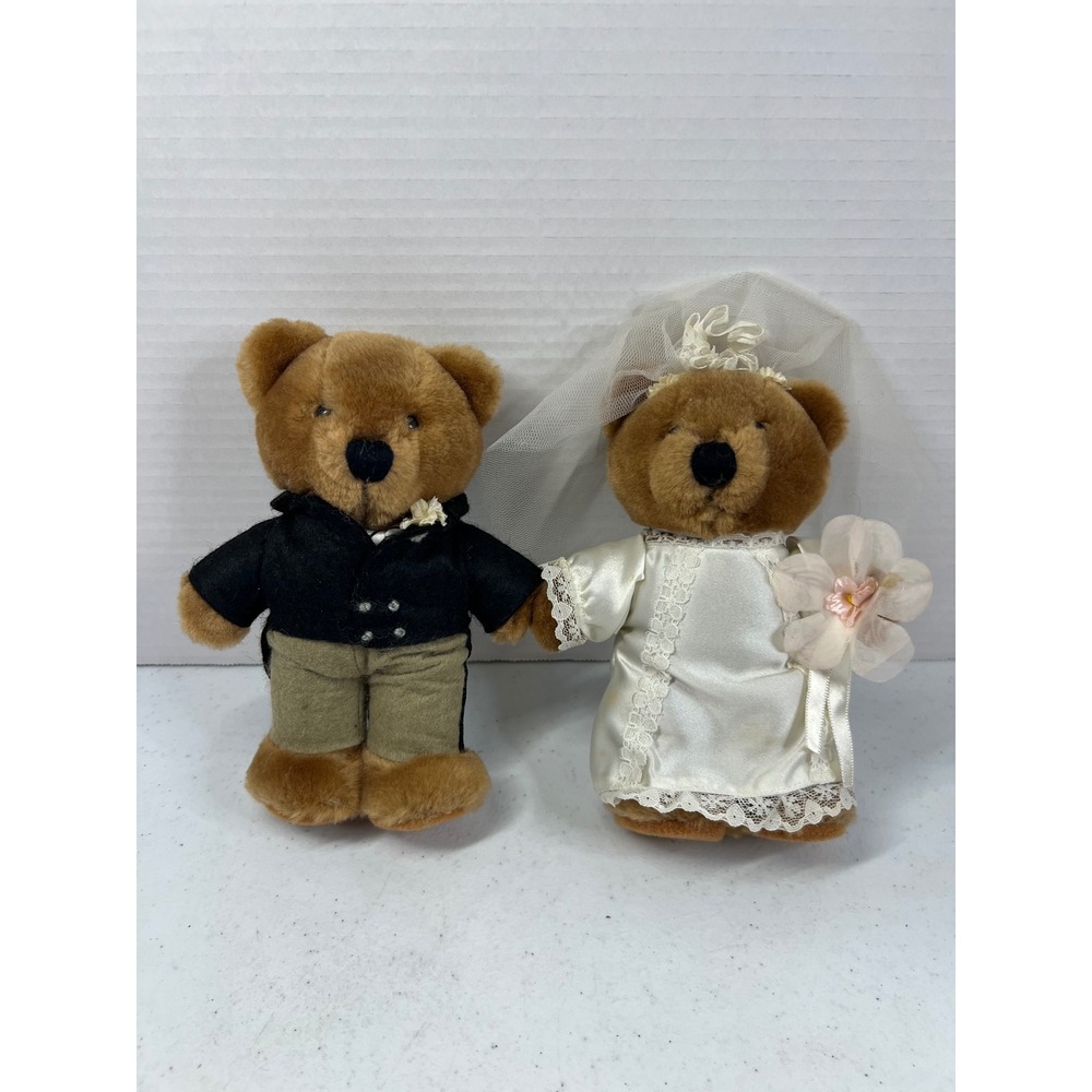 Vintage 1985 Dakin Wedding Bear Plush Set Bride and Groom Tuxedo Gown 7 inch